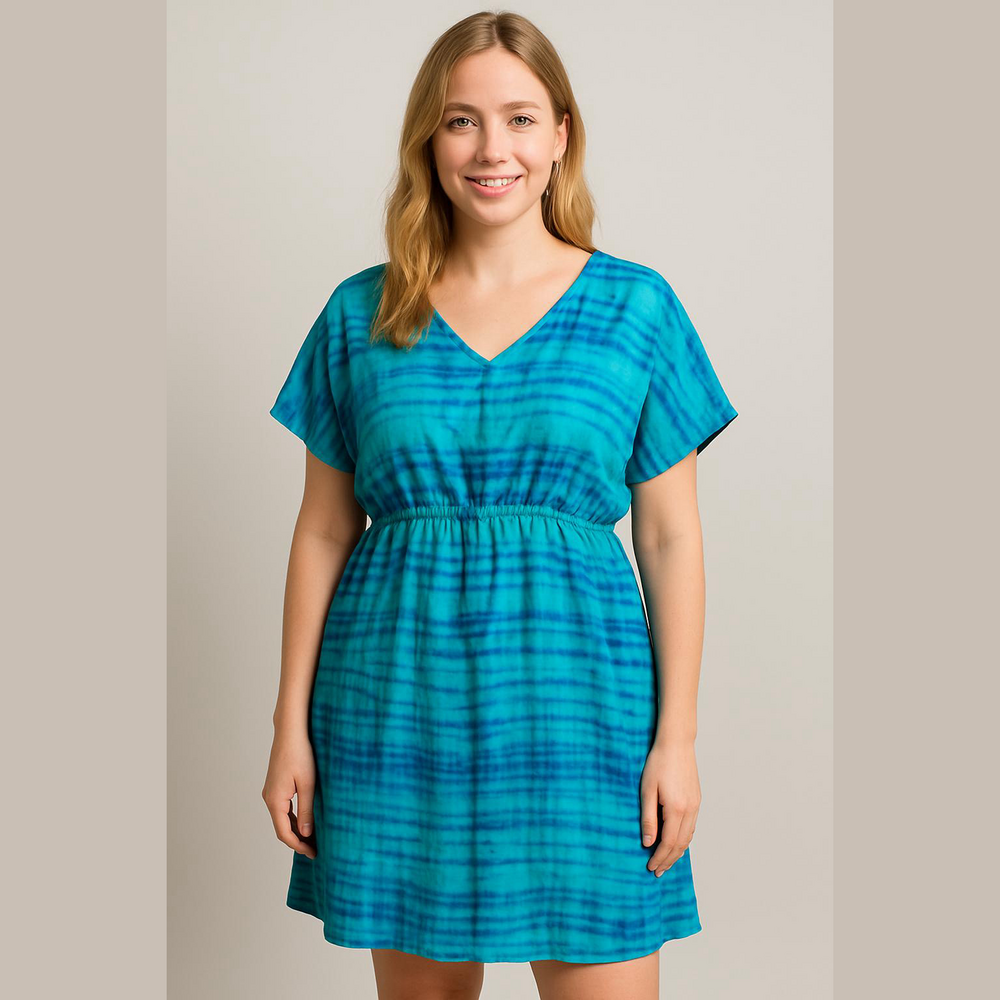 Women's Tie Dye Blue Green Elastic Waist Dress Layered